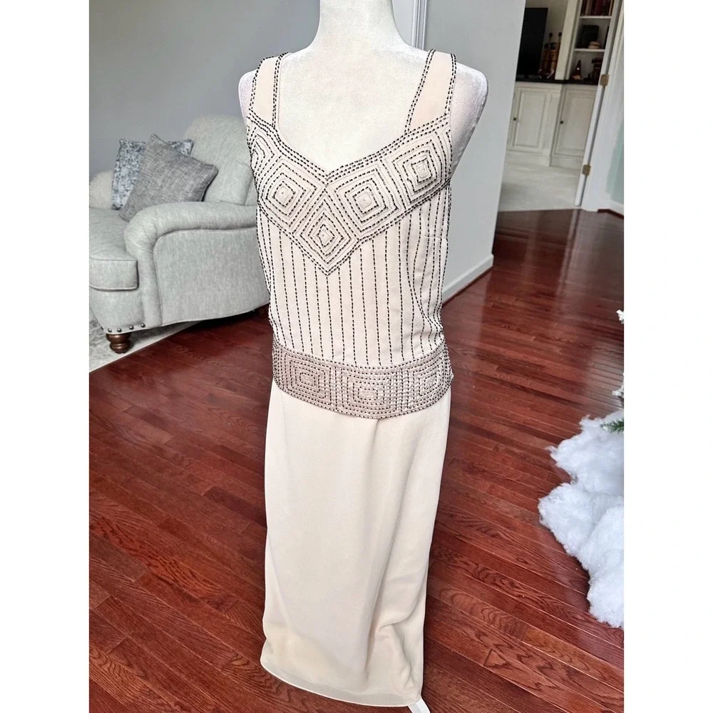 Vintage 2000s R&M Richard's Beige Beaded Embellished Formal Gown Maxi Dress - Picture 9 of 11